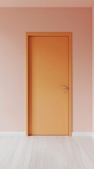 A vibrant orange door creates a charming focal point in a minimalistic room, surrounded by soft pink walls and a sleek wooden floor, radiating warmth and simplicity