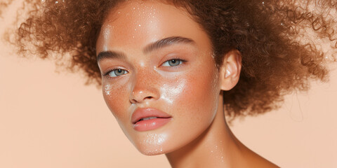 Skin Texture Mixed Race 4c 4b 4a 3c curly hair model blue eyes tanned bronzed clean aesthetic model brow lamination high definition ultra detailed beauty shot against plain background makeup natural