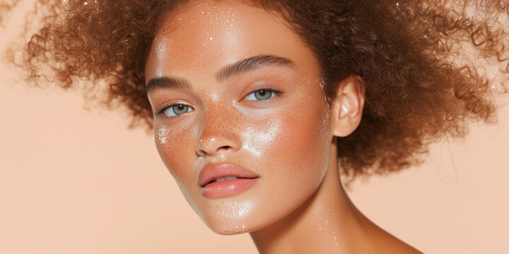 Skin Texture Mixed Race 4c 4b 4a 3c curly hair model blue eyes tanned bronzed clean aesthetic model brow lamination high definition ultra detailed beauty shot against plain background makeup natural