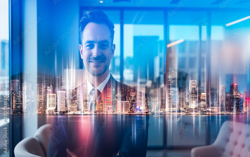 Poster a smiling man with a suit is layered with a double exposure of hong kong's cityscape at night. the c