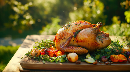 Delicious roasted turkey with herbs and vegetables for thanksgiving dinner