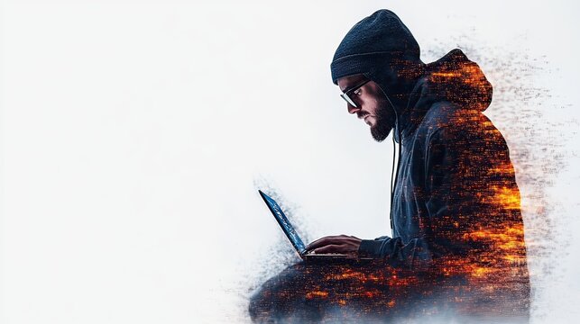 Tech enthusiast working on laptop urban setting digital art futuristic vibe side angle