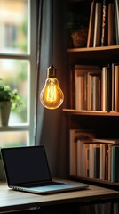 Laptop by window, lit bulb in cozy study with books. Calm workspace ambiance, plant decor, natural light, inviting