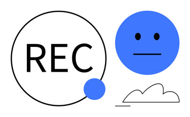 Blue neutral emoticon paired with REC inside a circle and minimalist cloud sketch. Ideal for media, technology, communication, neutrality, simplicity, recording concepts, flat simple metaphor