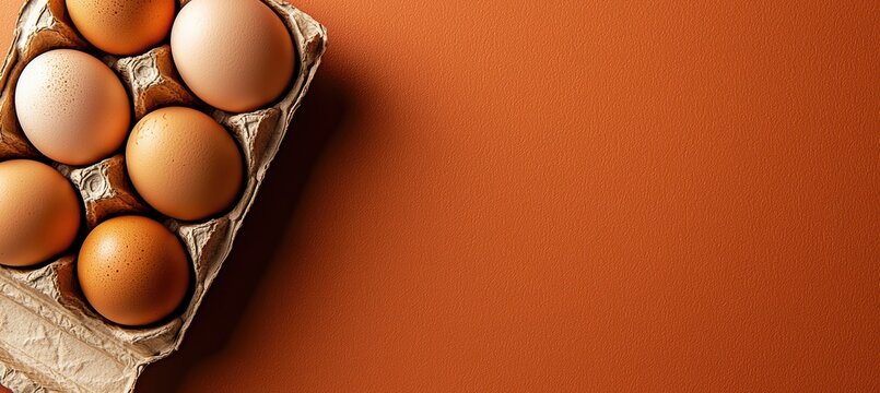 Six brown eggs nestled in carton against warm terracotta backdrop for national egg day