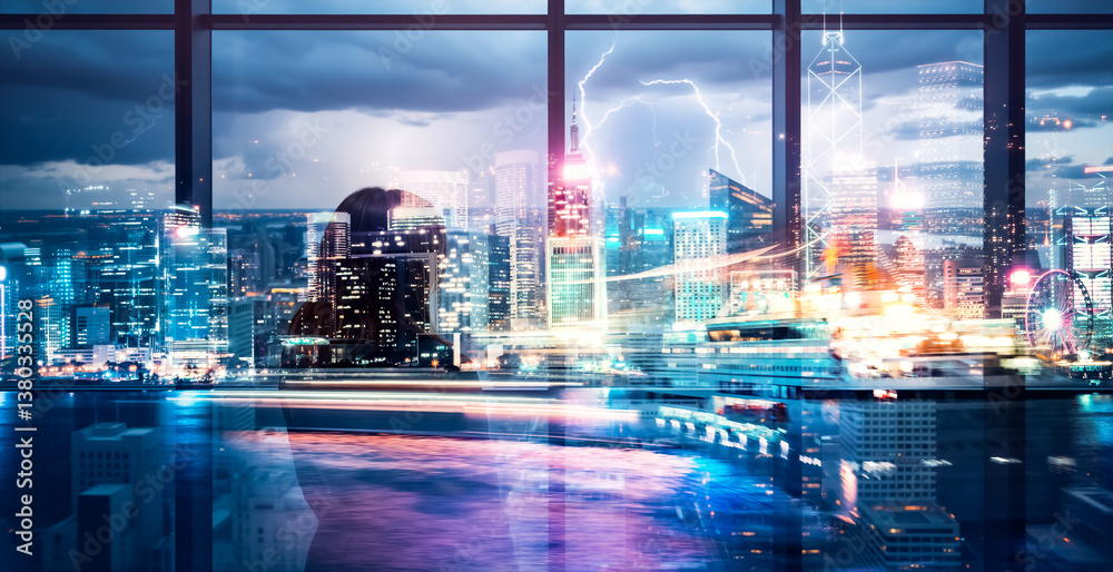 Poster Hong Kong cityscape seen in double exposure effect, blending modern architecture with an abstract, dreamlike atmosphere. Night lights illuminate the urban scene.