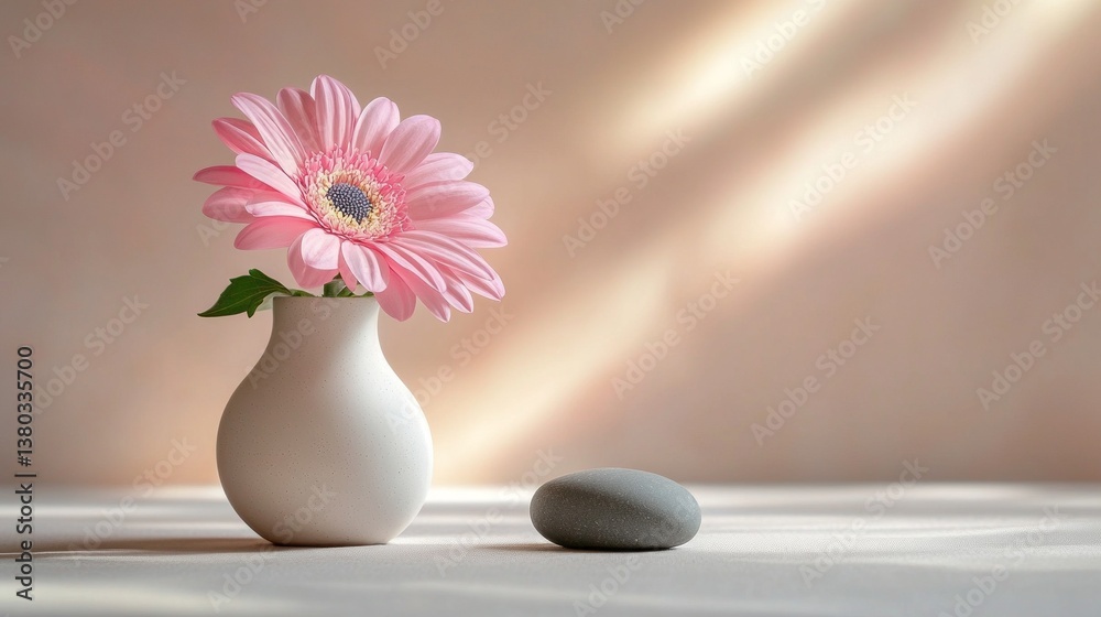 Poster a delicate pink gerbera daisy stands tall in a minimalist vase, paired with a smooth stone, illumina