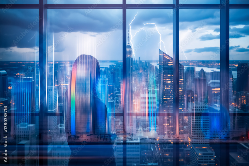 Poster person looking out of window at hong kong city skyline at night during a thunderstorm with lightning