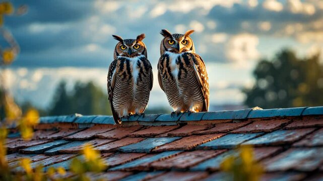 A delightful view of two sparrows resting on a weathered rooftop against a backdrop of a cloudy sky and trees, creating a peaceful and natural ambiance.