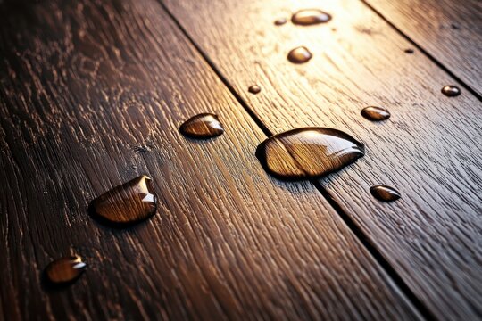 waterproof flooring water droplets on textured wooden laminate surface