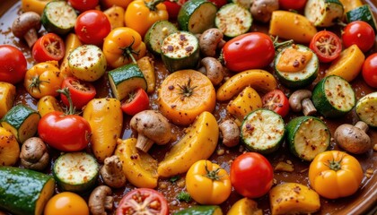 A vibrant and colorful vegetarian meal featuring an array of fresh vegetables, such as bell peppers, zucchini, tomatoes