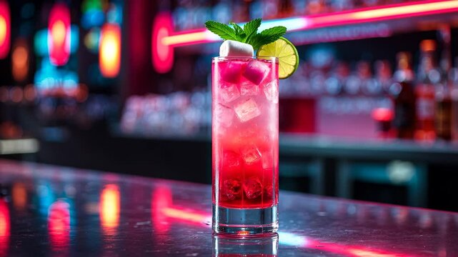 A highball glass filled with a layered long drink cocktail, featuring ice, decorated with mint and marshmallow.