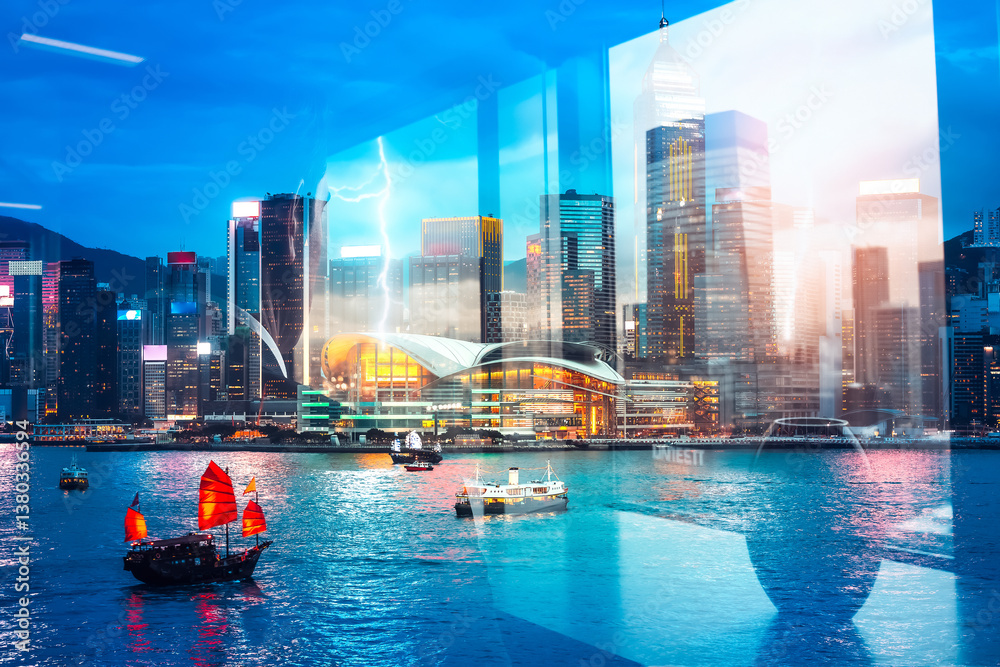 Aufkleber Hong Kong cityscape with a double exposure effect, blending modern architecture with traditional boats on the water under a twilight sky.