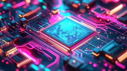 Fototapeta premium High-tech AI semiconductor with cybernetic patterns and electric pulses illuminating the surface.