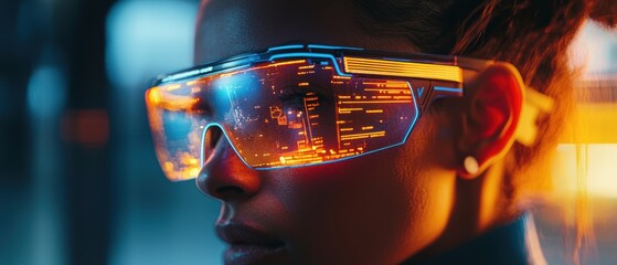 Person wearing augmented reality glasses in autumn park with glowing blue interface