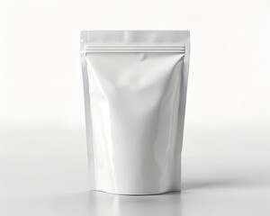 Beautiful luxury white recycled plastic, resealable doy pack, pouch bag, mockup packaging, design template for coffee or cosmetic product, front view, on white background 
