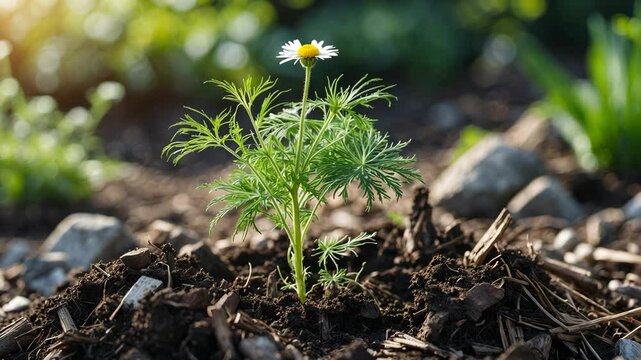 A young Chamomile plant develops in soil covered with wood chippings in a garden.