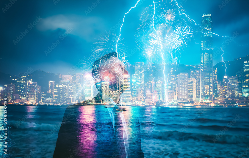 Poster a double exposure image of hong kong cityscape at night with fireworks and lightning overlaying a pe