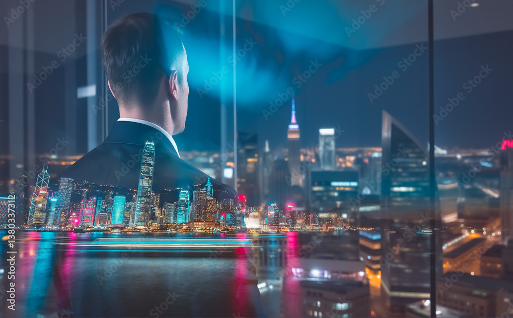 Poster a double exposure image shows a man gazing at the hong kong night cityscape from a high vantage poin