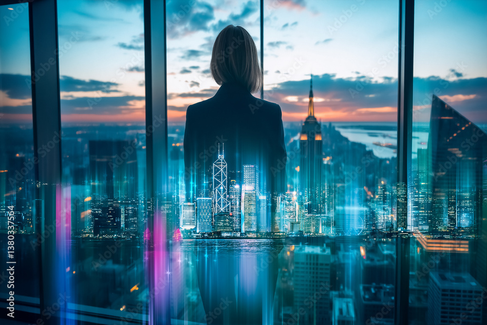 Aufkleber A figure gazes over Hong Kong's cityscape in a striking double exposure effect, blending urban architecture with a sense of vision and ambition against a twilight sky.