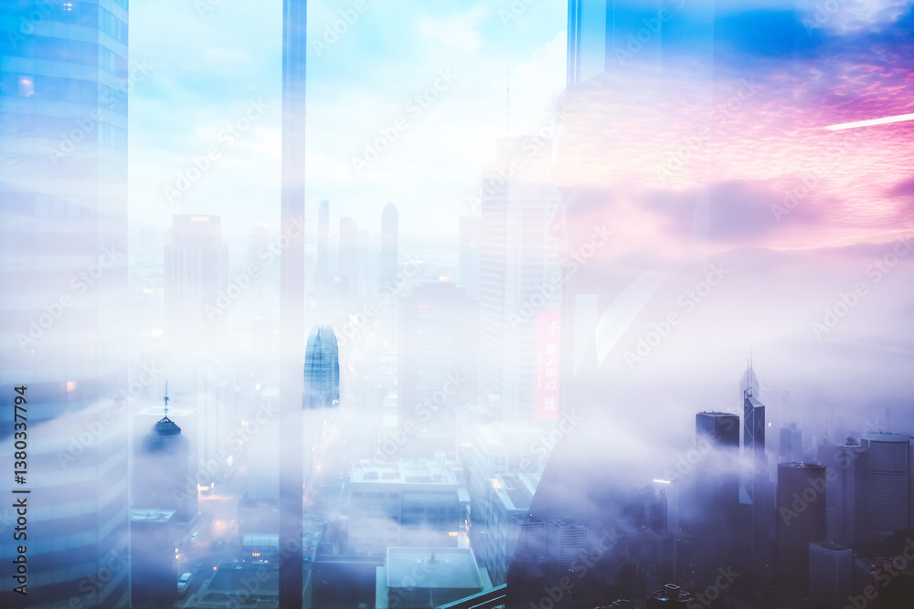 Poster dreamy hong kong cityscape with a double exposure effect. foggy urban view blends buildings with a c