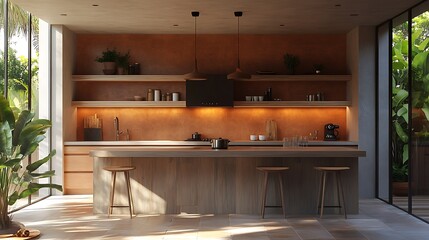 Modern kitchen in warm tones, earthy terracotta tile backsplash, raw wood island, dim ambient lighting, and handcrafted decor pieces on open shelving. Created Using: indoor mood lighting technique,