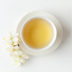 Taza blanca de ceramica vita desde arriba con t&eacute; dorado de jazmin y decoraciones de flores de jazmin con fondo blanco y espacio vacio