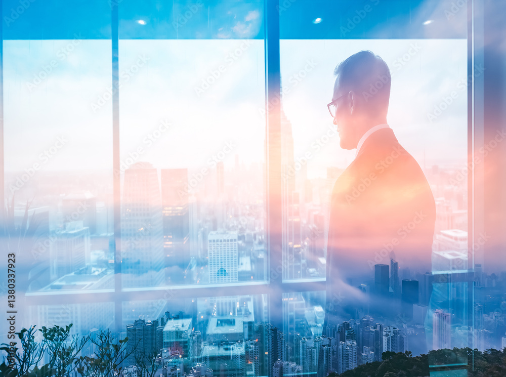Aufkleber A contemplative figure gazes over Hong Kong's cityscape, using double exposure to blend ambition with urban panorama through a window view.