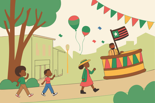 Celebration in the Park: a lively community parade, featuring children and a decorated drum, all amidst festive banners and balloons, illustrating a spirited community gathering.