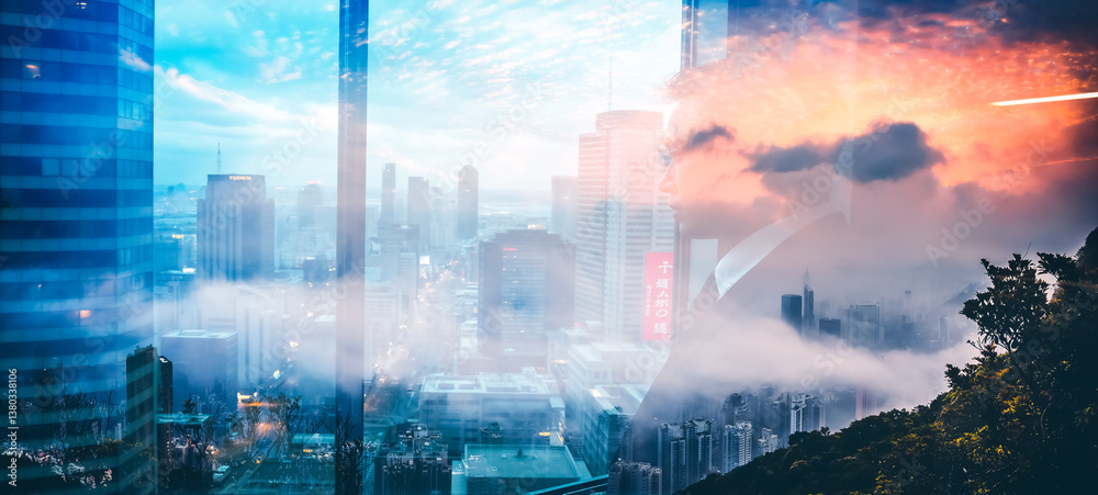 Aufkleber double exposure hong kong cityscape view. merging urban buildings with natural mountain and sky in b