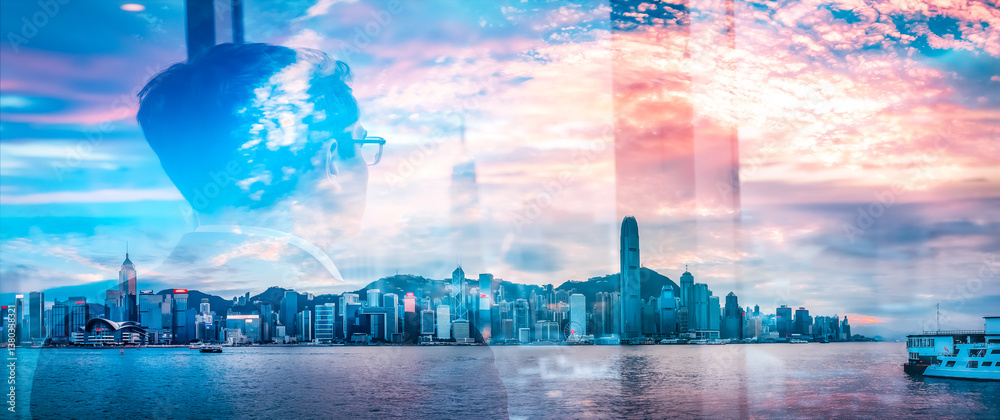 Aufkleber double exposure image of hong kong's vibrant cityscape at dusk. the skyline blends with a dreamy sky