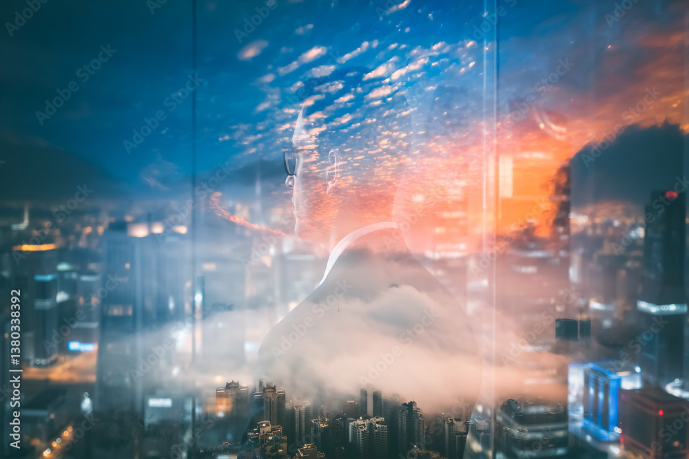 Poster double exposure of hong kong at night. cityscape with clouds and buildings create a layered, dreamy,