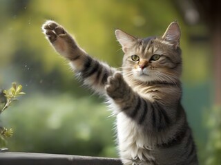 Obraz premium A playful tabby kitten reaching for a sunbeam outside a window, bathed in soft golden light and a blurred green background.
