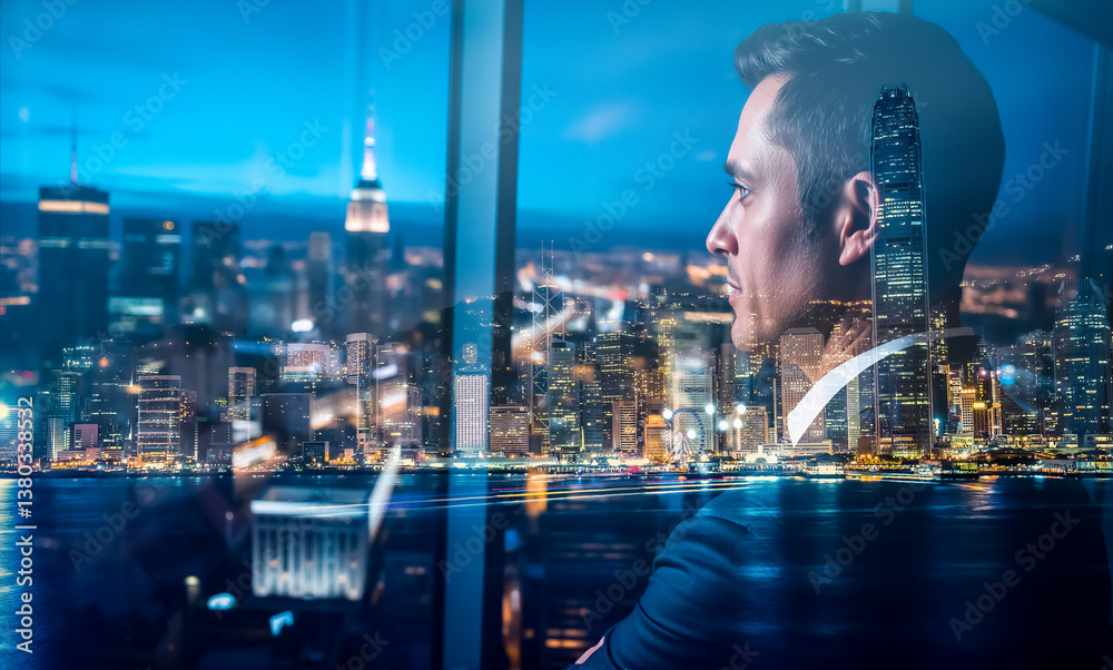 Aufkleber a double exposure merges a man looking out a window with a vibrant hong kong cityscape at night, cre
