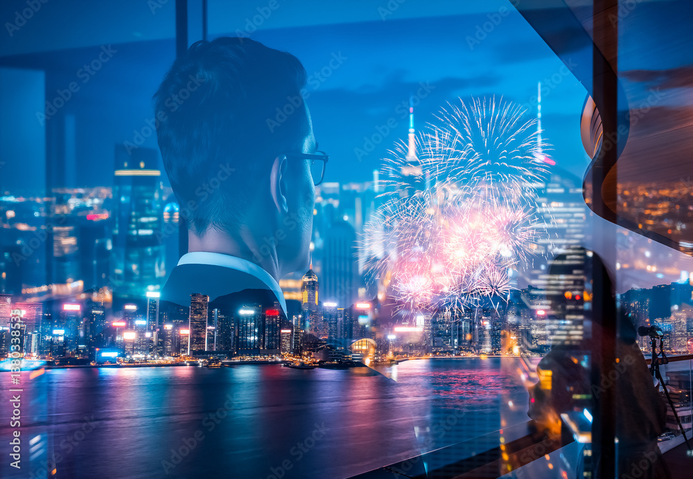 Aufkleber A double exposure image featuring a man looking out at the Hong Kong skyline illuminated with fireworks at night, seen through a window with city reflections.