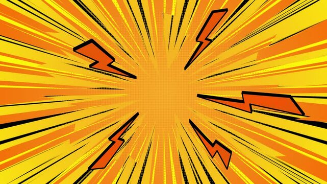 Orange and yellow comic book zoom burst background with lightning bolts