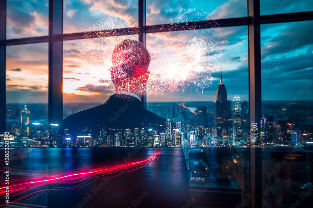 Fototapete a double exposure image blends a figure looking out over a vibrant hong kong cityscape at dusk throu
