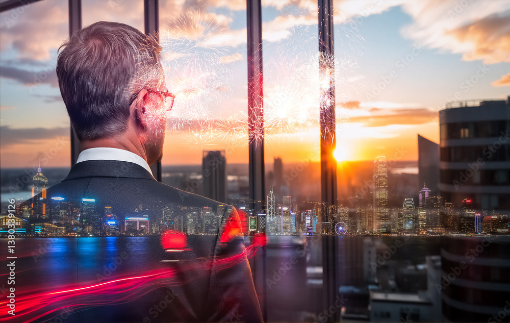 Aufkleber Man gazes at Hong Kong's cityscape through a window with double exposure effect. City lights blend with sunset colors, creating a vibrant urban scene.
