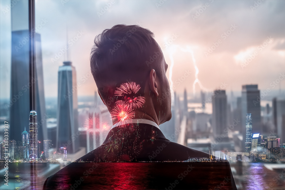 Aufkleber A double exposure image shows a man in a suit gazing at the Hong Kong cityscape. Fireworks overlay his form as a dramatic sky with lightning illuminates the urban view.