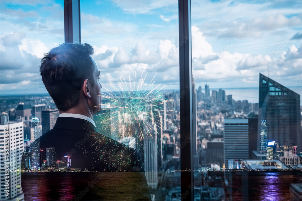 Poster A man gazes at the Hong Kong cityscape from a high window. Double exposure artfully layers urban scenes, modern buildings, creating a thoughtful city view.