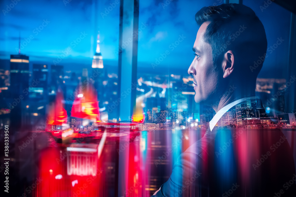 Aufkleber A man in a suit gazes at the Hong Kong cityscape at night. A double exposure effect merges his profile with the vibrant, illuminated urban view from a window.