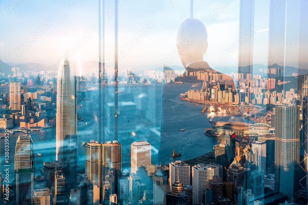 Poster hong kong cityscape with skyscrapers is viewed in double exposure with a person silhouette, creating
