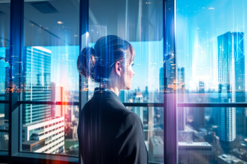 Fototapeta premium A woman gazes out a window at the Hong Kong cityscape, with a double exposure effect overlaying digital lines onto the urban view. She is in an office setting observing the futuristic scene.