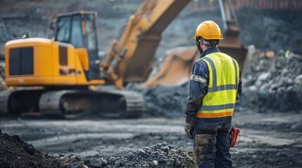 Construction worker observing machinery in quarry