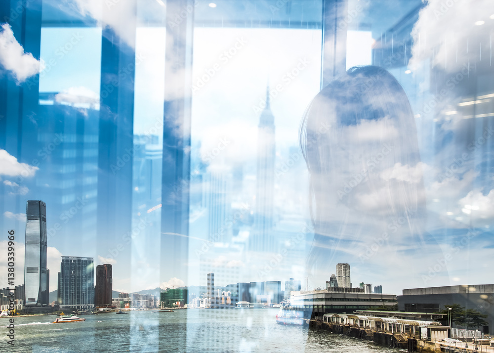 Poster Hong Kong cityscape with a double exposure effect, blending urban architecture and waterfront views with bright sky and clouds.