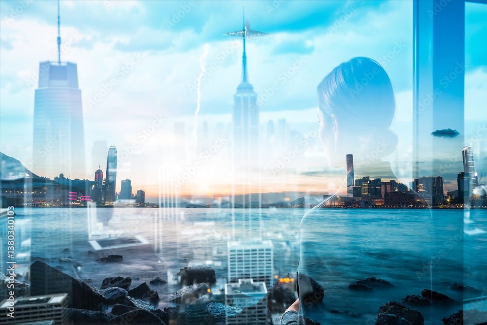 Poster hong kong skyline with a double exposure effect showing a person looking out over the cityscape and 