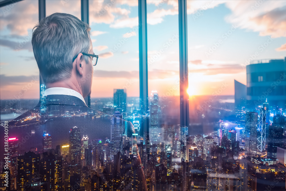 Poster double exposure of man in suit looking at hong kong cityscape at dusk through window.