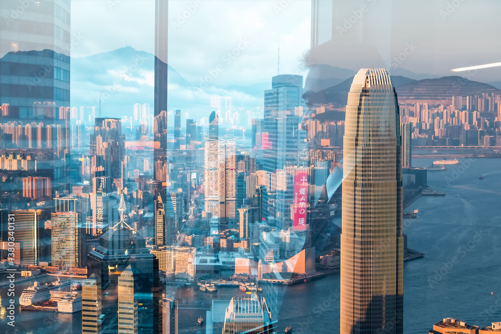 Poster Double exposure cityscape of Hong Kong features layered skyscrapers and harbor view. Urban scene with blended buildings and water creates a unique perspective.
