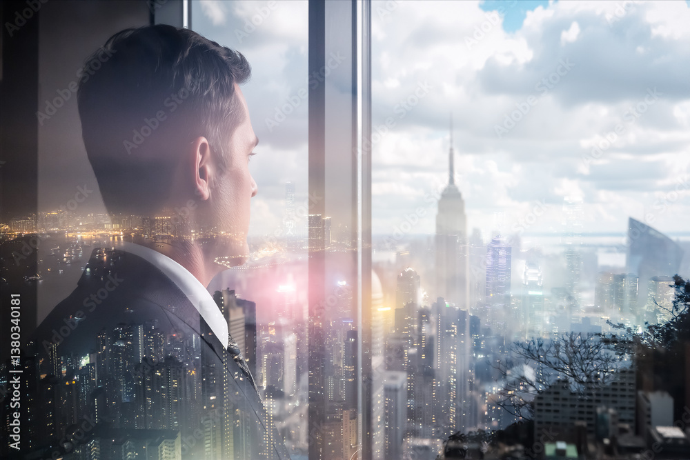 Aufkleber A contemplative business person gazes out over a Hong Kong cityscape, a double exposure effect blending ambition with urban views through a large window.