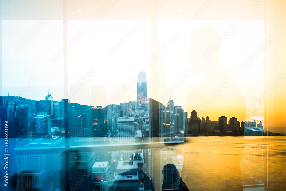 Aufkleber a double exposure captures hong kong's cityscape, blending urban architecture with a subtle human si